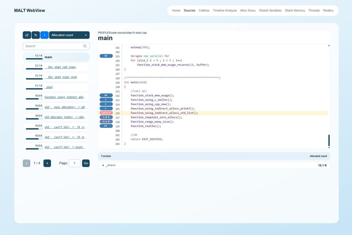 MALT : Malloc Tracker (Inria) — capture d'écran 2 de l'interface (Vue.js, TypeScript)